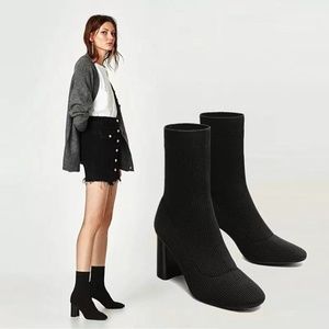 NWT Zara Black Sock Stacked Heel Ankle Boots